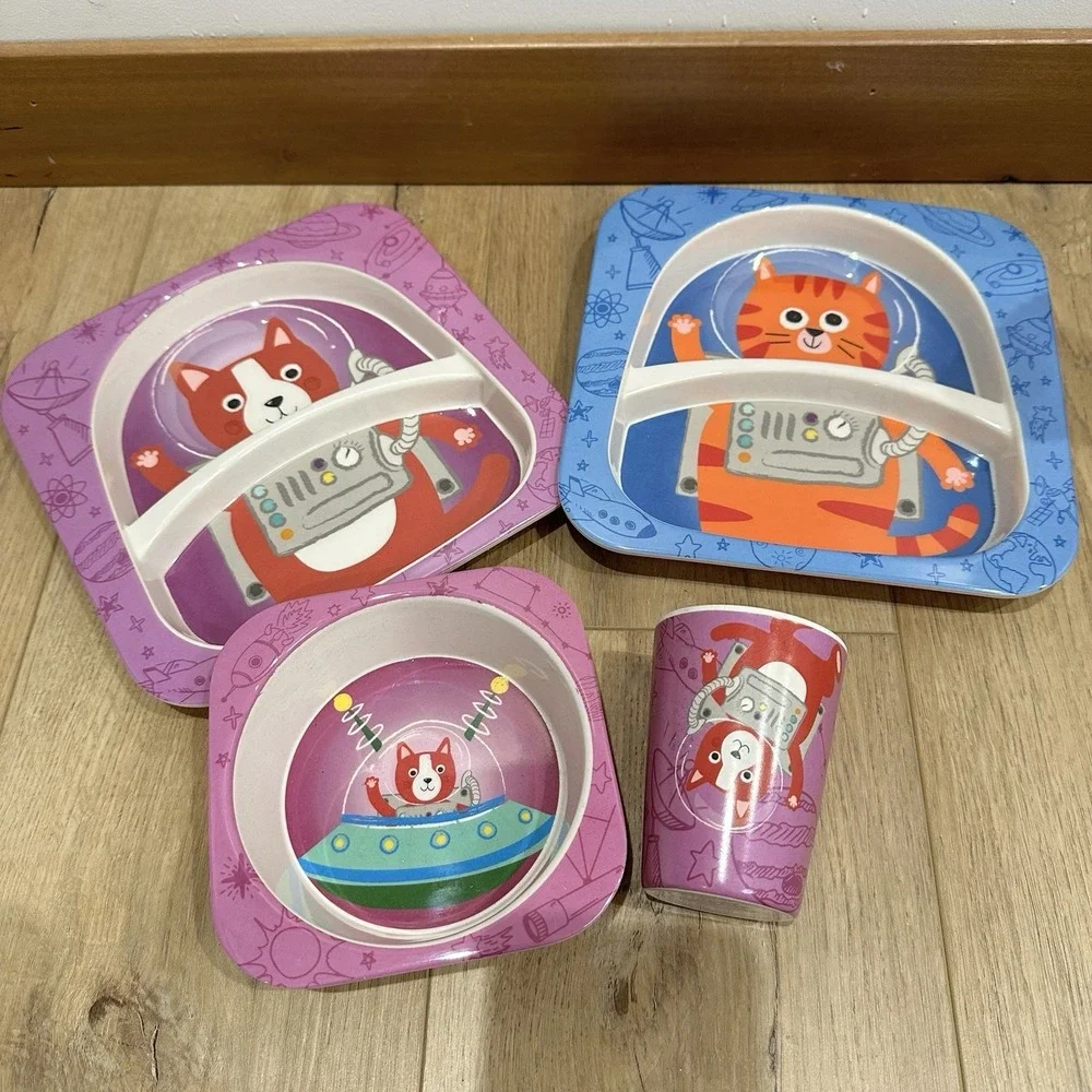 Kids‎ Melamine Plates Dishes Set Fabulous Home Bowl Cup Astronaut Cat Dog